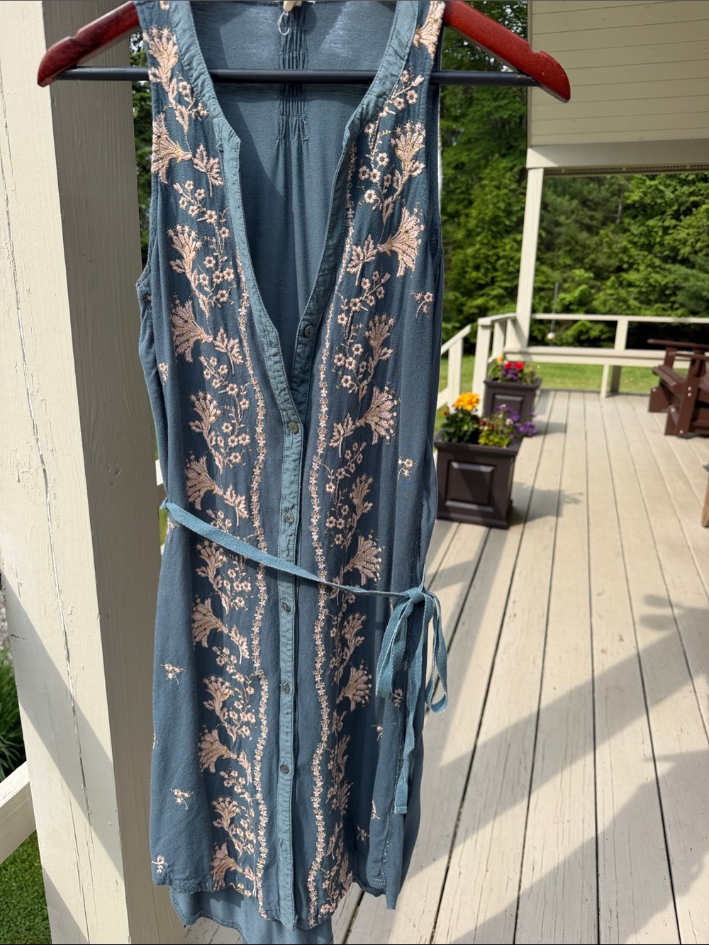 Anthropologie Slate Blue/green Sleeveless Embroidered Tie-Waist Dress